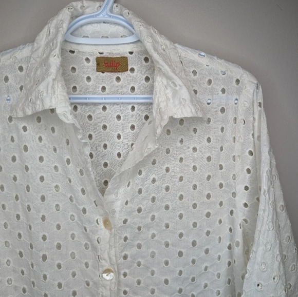 Tulip White Eyelet Button Down Collar Long Sleeve Shirt 100% Cotton Women  Small - Picture 4 of 13